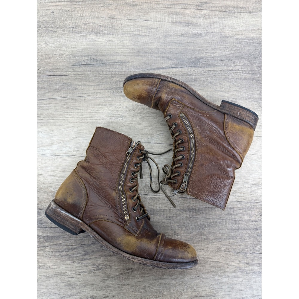 Frye Veronica Combat Boots Brown Leather Lace Up Side Zip Cap Toe 4001 E 10